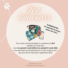 🌞 Concours Cassiopée ! 🌞

Pour célébrer le mois d'août, nous vous réservons une surprise de taille ! 🎉 

Pour toute commande égale ou supérieure à 39€ réalisée sur notre site entre le samedi 3 août et le samedi 31 août 2024, vous participez automatiquement à notre tirage au sort pour remporter un superbe lot d'une valeur de 110€ ! 🛍️

À gagner :

✨ Une magnifique fouta By Lena K., parfaite pour vos sorties à la plage
💄 Une trousse à maquillage Bindi Atelier, pour vos petits essentiels de beauté
🎀 Un chouchou Ça c’est vraiment moi
🕯️ Une bougie parfumée Bêton par Nature, à la douce odeur de linge propre 
📒 Un bloc-notes Sonia Talbi, idéal pour noter vos to-do-list
🧖‍♀️ Un exfoliant tout doux pour le corps Blanc Crème

Une sélection toute particulière, que nous aurons le plaisir d’offrir !

Pour participer, rien de plus simple : 

1. Passez une commande de 39€ ou plus sur notre site 📦 
2. Croisez les doigts 🤞

Le tirage au sort aura lieu le mercredi 4 septembre 2024 ! 🍀

Rendez-vous sur www.cassiopee.shop et bonne chance à toutes ! ✨

#ConcoursCassiopée #eshop #boutiqueenligne #créateurs#createurfrancais  #shopping #concours #Été2024 #artisanat  #hyeres  #like #madeinfrance  #cosmétiques #foutas  #trousse #papeterie